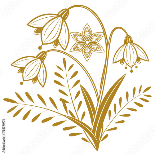 Elegant golden outline illustration of snowdrop flowers and delicate foliage on a white background