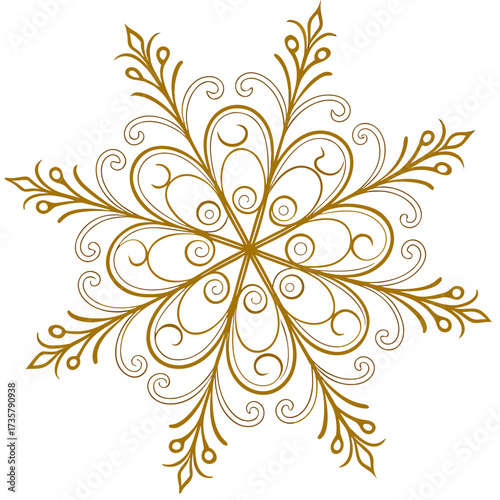 Elegant golden snowflake design with intricate swirls and floral motifs on a white background