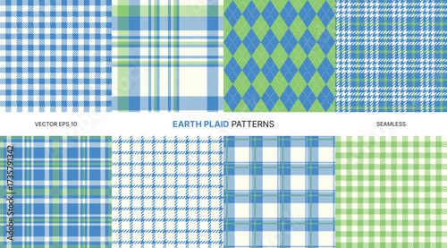 Earth seamless vector plaid patterns in green blue argyle gingham tartan and houndstooth textures suitable for fabric wrapping digital design textiles and fashion themed geometric backgrounds