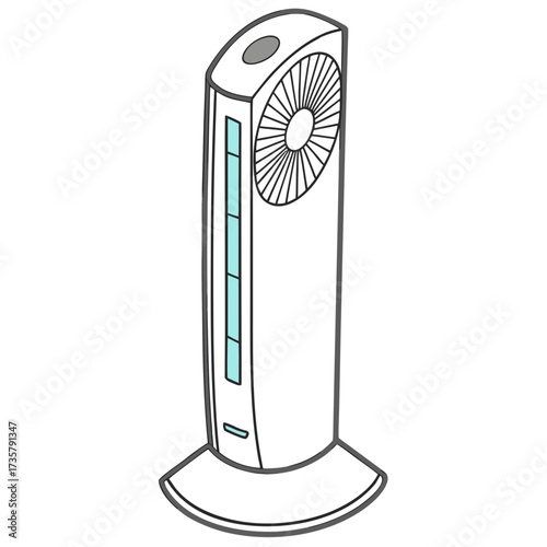 Modern white tower fan with blue air vents and a circular grill for cooling