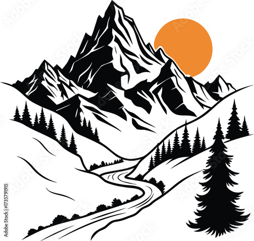 Minimalist mountain silhouette graphic isolated on white background