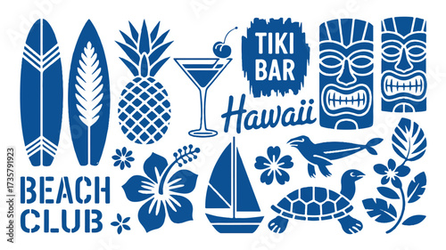 Vector art of blue tiki bar hawaii beach club with tropical elements