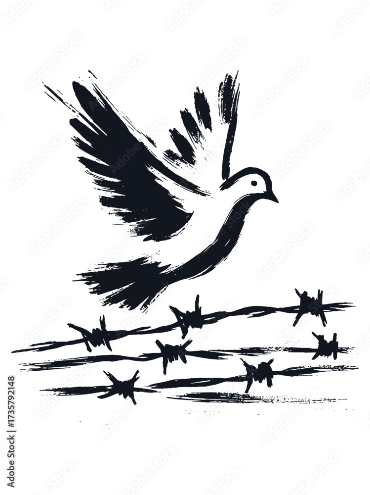 Fototapeta premium Dove flying over barbed wire ink drawing vector illustration