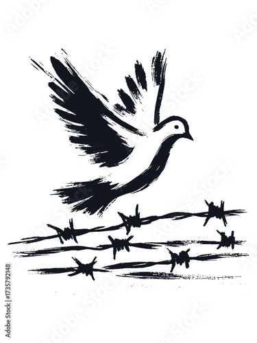 Dove flying over barbed wire ink drawing vector illustration