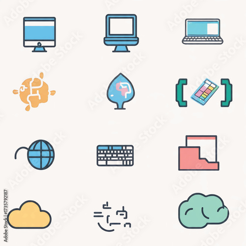 Vector Icons Representing Technology, Computing, and Digital Concepts