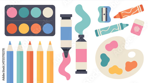Illustration of art supplies including paint, crayons, pencils, and palette