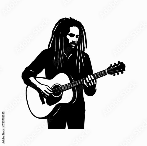 Reggae Musician Silhouette Playing Guitar with Dreadlocks – Iconic Jamaican Culture