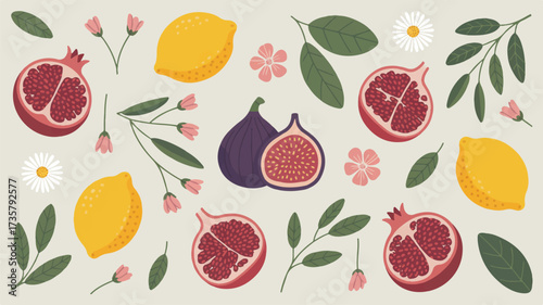 Illustration of fruits including pomegranates, lemons, and figs with leaves and flowers