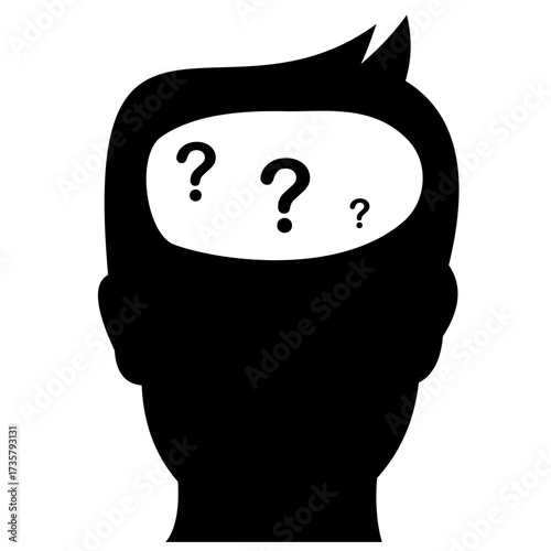 Silhouette of a head with a question mark in the brain area, indicating mental confusion or lack of focus, flat art design style.
