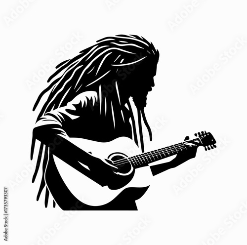 Reggae Musician Silhouette Playing Guitar with Dreadlocks – Iconic Jamaican Culture