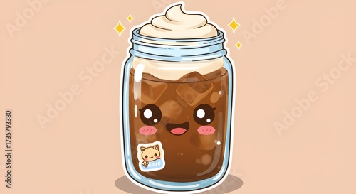 Cartoon iced coffee jar with happy face, kawaii sticker