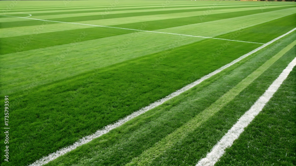 Obraz premium Freshly mowed green grass on a sports field with crisp white lines marking the boundaries.