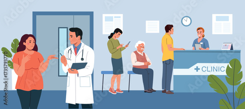 People of different in hospital reception. Doctor talks to a female patient. Vector flat style cartoon illustration