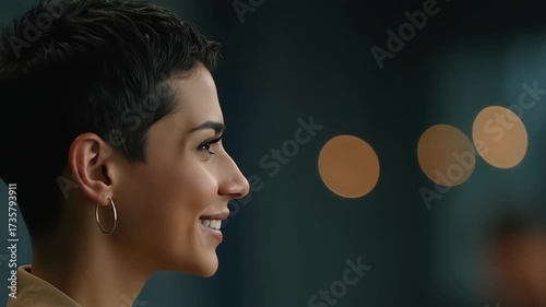 Profile portrait of a young adult woman with short hair and hoop earrings looking forward