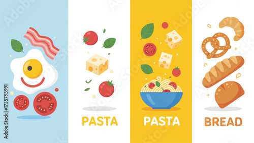 Vector art of colorful breakfast, pasta and bread illustration
