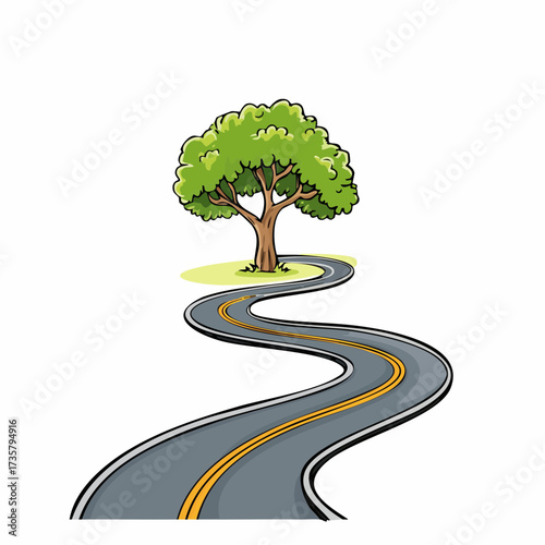 Winding road leads to solitary tree