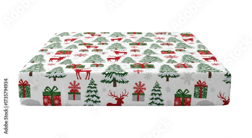 Festive Christmas gift box wrapped in a merry holiday pattern with trees, reindeer, and presents.