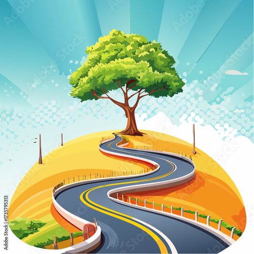 Winding road leads to solitary tree