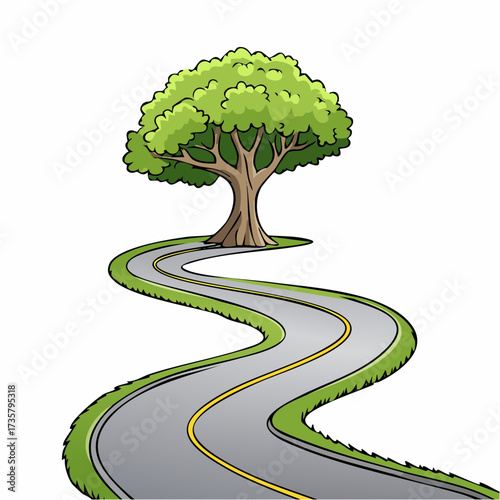 Winding road leads to solitary tree