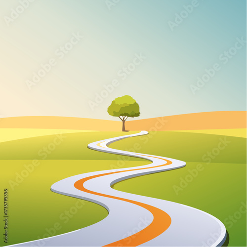 Winding road leads to solitary tree