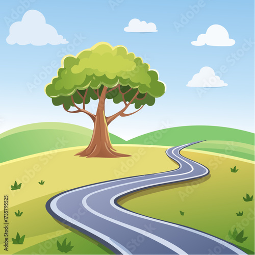 Winding road leads to solitary tree