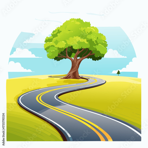 Winding road leads to solitary tree
