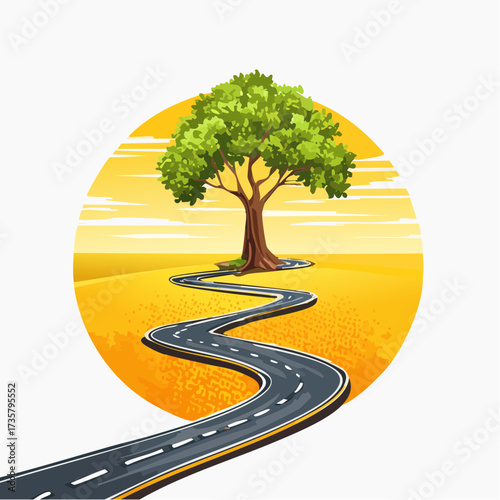 Winding road leads to solitary tree