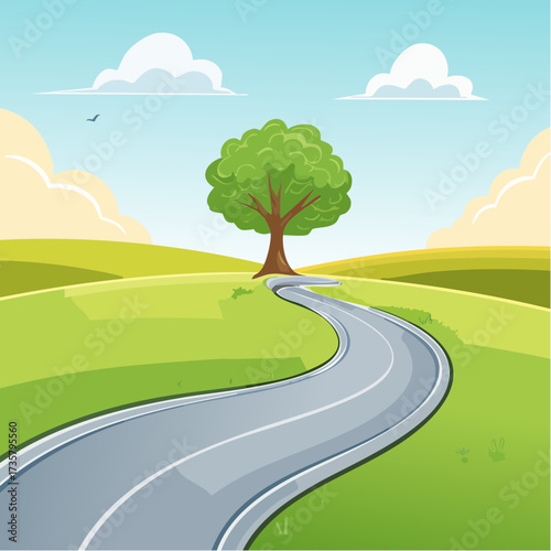 Winding road leads to solitary tree