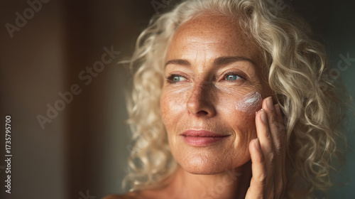 Mature caucasian woman with blonde curly hair, light skin is applying a cream to her face standing near window. Anti-aging skincare. Healthy skin. Generative AI