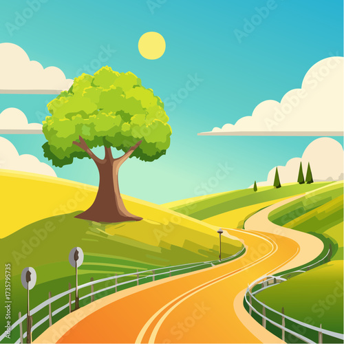 Winding road leads to solitary tree