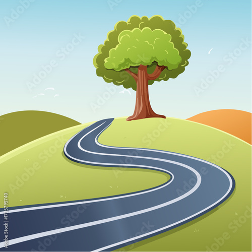 Winding road leads to solitary tree