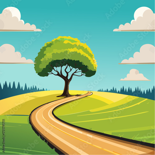 Winding road leads to solitary tree