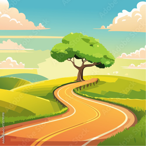 Winding road leads to solitary tree