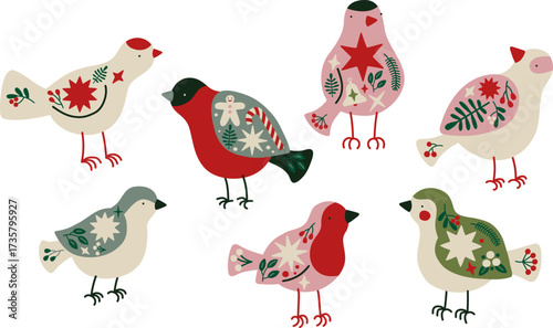Set of beautiful winter birds with Christmas decoration. Scandinavian style, simple illustrations. Different birdies in red, green, white and pink colours. For New Year design concepts, prints, decor.