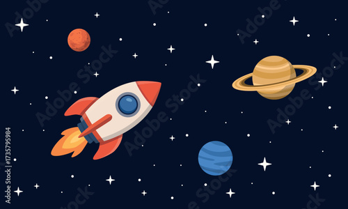 Spaceship flying between stars, planets in outer space. Space rocket flies in the black cosmos.