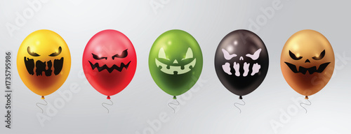 Halloween balloons with scary jack-o’-lantern faces in orange, red, green, black, and gold colors.
