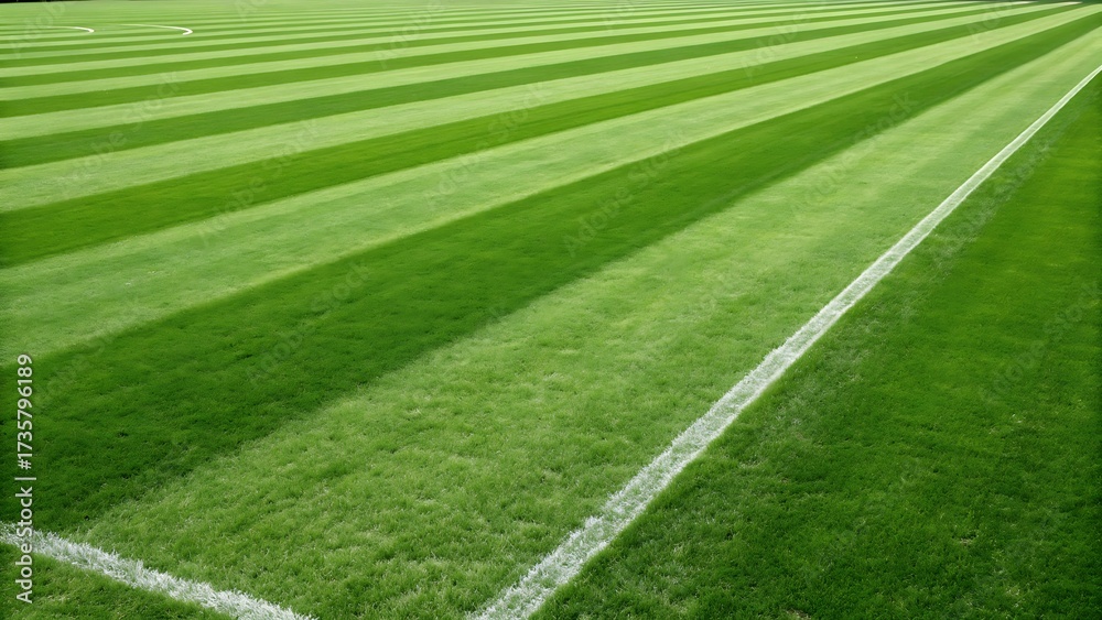 Obraz premium Freshly mowed green grass on a sports field with crisp white lines marking the boundaries.