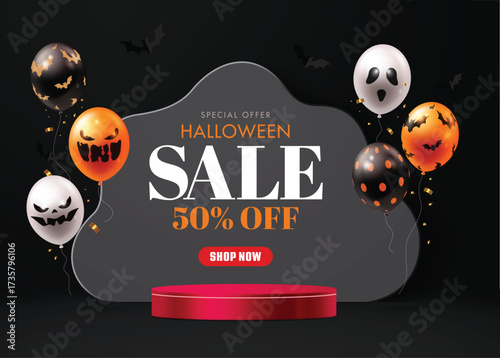 Halloween sale banner with spooky balloons, bats, and festive podium on black background.