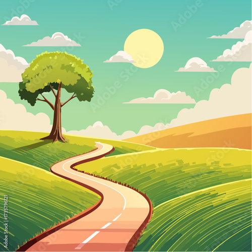 Winding road leads to solitary tree
