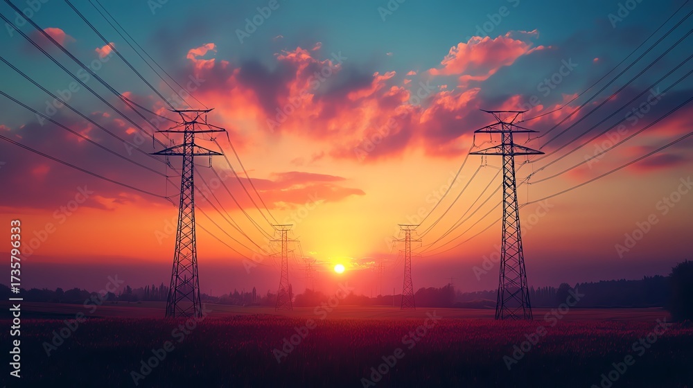 Fototapeta premium Stunning photo of power lines across a rural landscape at sunset, showcasing vibrant colors and photo-realistic detail.