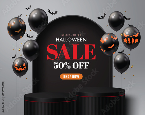 Halloween sale banner with black spooky balloons, bats, and podium on dark festive background.