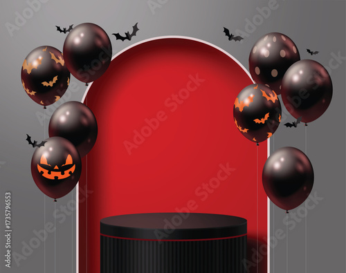 Halloween background with spooky black balloons, bats, and podium on red and gray backdrop.
Description (200 characters): Halloween festive background featuring black balloons with jack-o’-lantern