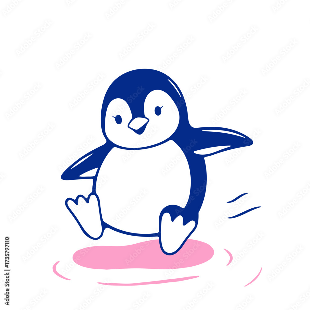 Fototapeta premium Cartoon penguin jumping on a pink surface with a cheerful expression and outstretched wings design image