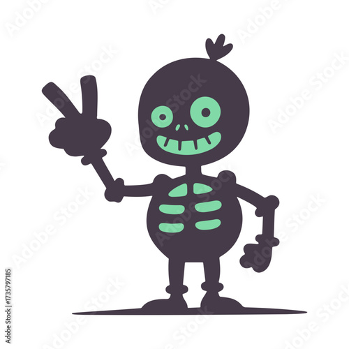 A cartoon skeleton making a peace sign with bright green eyes and rib cage on a white background art