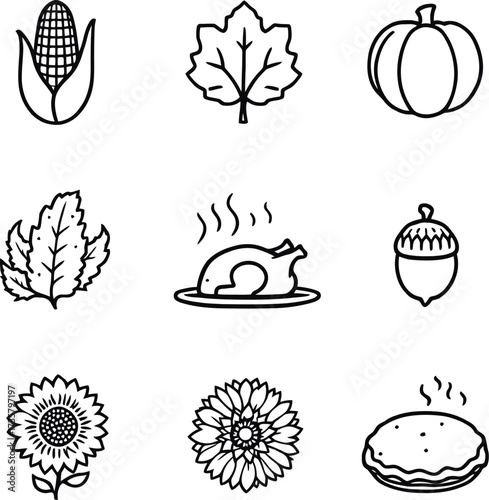Autumn and harvest icon set with corn, leaves, pumpkin, turkey, acorn, sunflower, pie, and seasonal symbols in black vector style