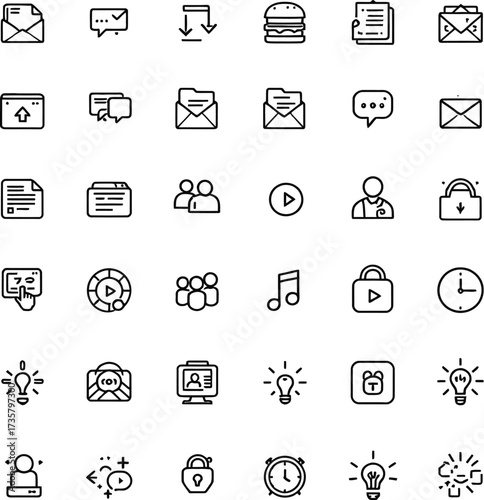 User interface icon set with mail, chat, lock, clock, gear, bulb, music, and document symbols in minimal black vector style