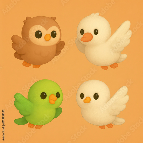 Four cute cartoon birds including an owl, suitable for childrens products, naturethemed designs, educational materials, and greeting cards.