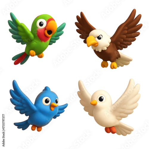 Bird flying icons. Four cartoon birds in vibrant colors flying against a white background perfect for childrens books, cards, and educational materials.