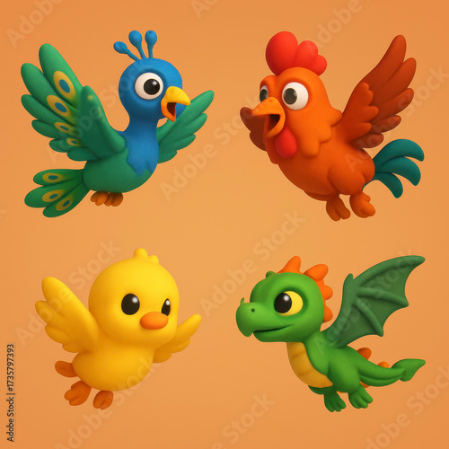 Displays cartoon figures of a peacock chick, rooster, and dragon  perfect for childrens books, posters, and educational materials.