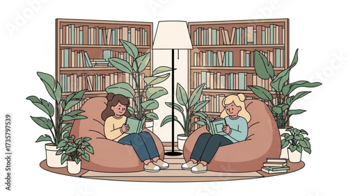 Two young women reading books while sitting on beanbag chairs surrounded by plants in cozy library, creating a peaceful and relaxing atmosphere.